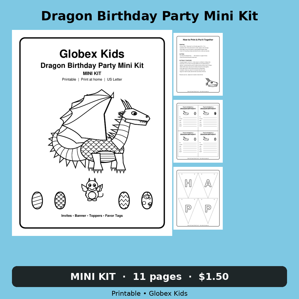 Globex Kids Dragon Birthday Party Mini Kit (Printable)