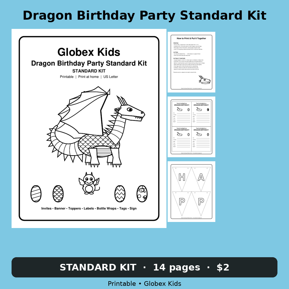 Globex Kids Dragon Birthday Party Standard Kit (Printable)