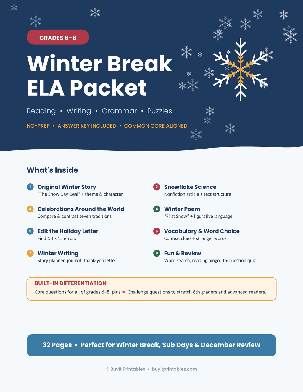 Winter Break ELA Packet Grades 6–8 | No-Prep Reading, Writing & Grammar | Answer Key