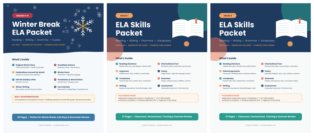Middle School ELA Bundle | 7th Grade + 8th Grade + Winter Break Packets