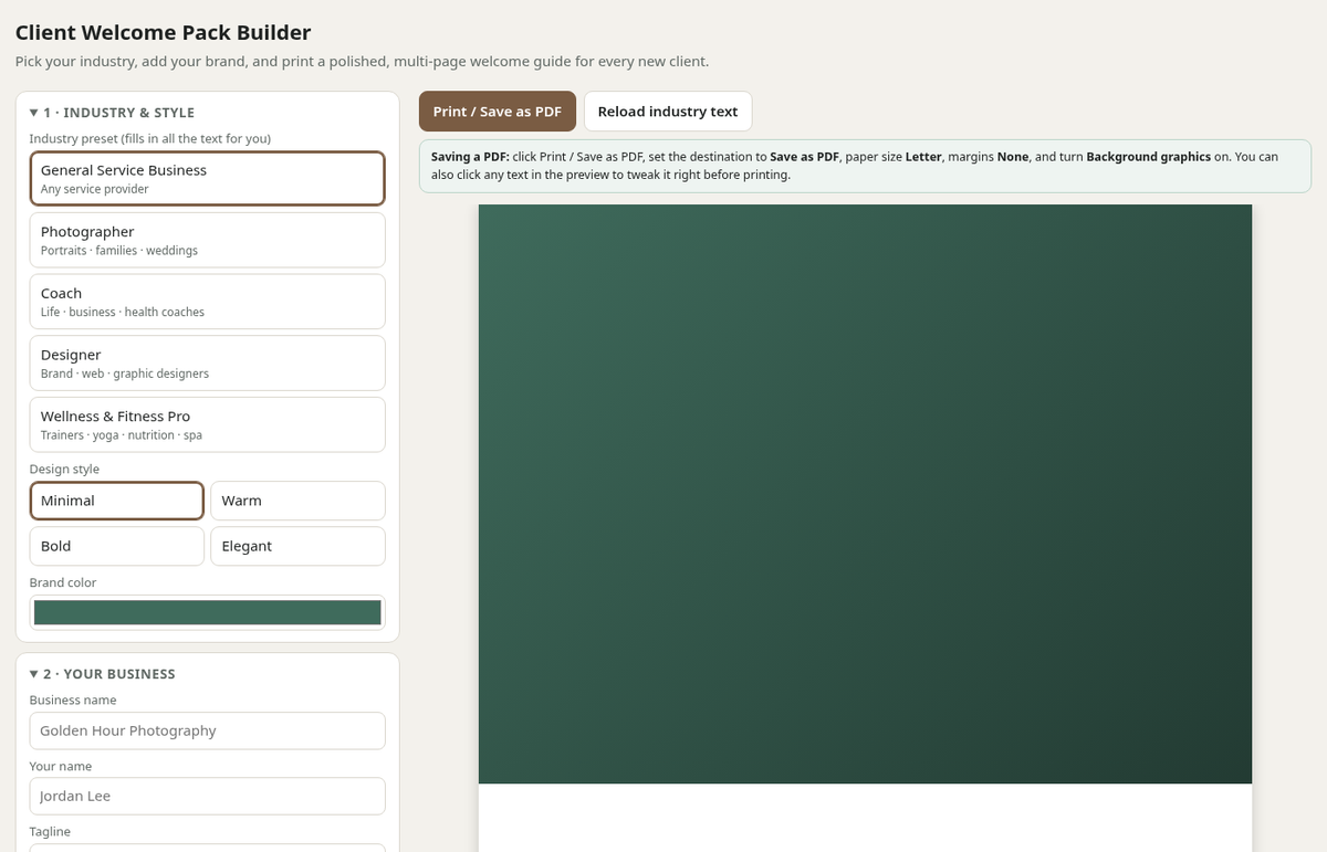 FREE Client Welcome Guide Builder – Editable, Branded, Print or PDF