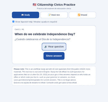 Citizenship Civics Practice - US Civics Test Study Tool with Spanish Help