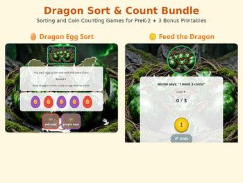 Dragon Sort & Count Bundle - Sorting & Coin Counting Games PreK-2 + 3 Printables