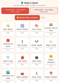 Habla & Speak Classroom Edition - English Spanish Audio Flashcards, 16 Decks