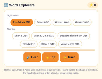 Word Explorers - Dolch Sight Words & Phonics with Audio and Letter Tracing