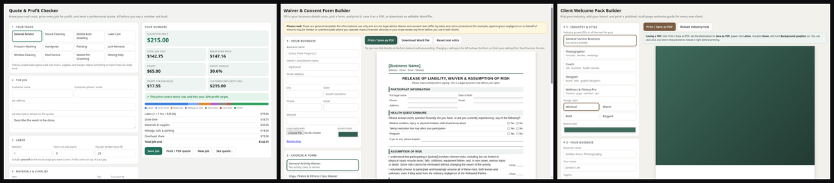 Small Business Client Kit – Quote & Profit Checker + Waiver Builder + Welcome Pack Builder | Save $15.98