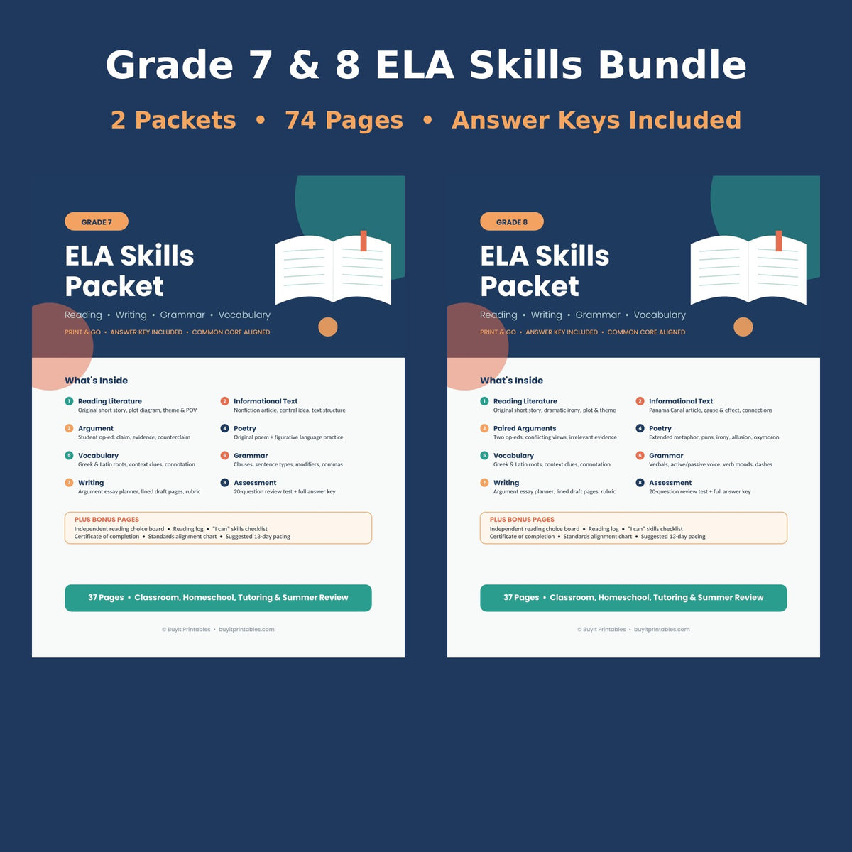 Grade 7 & 8 ELA Skills Bundle | 2 Print & Go Packets | Reading, Writing, Grammar