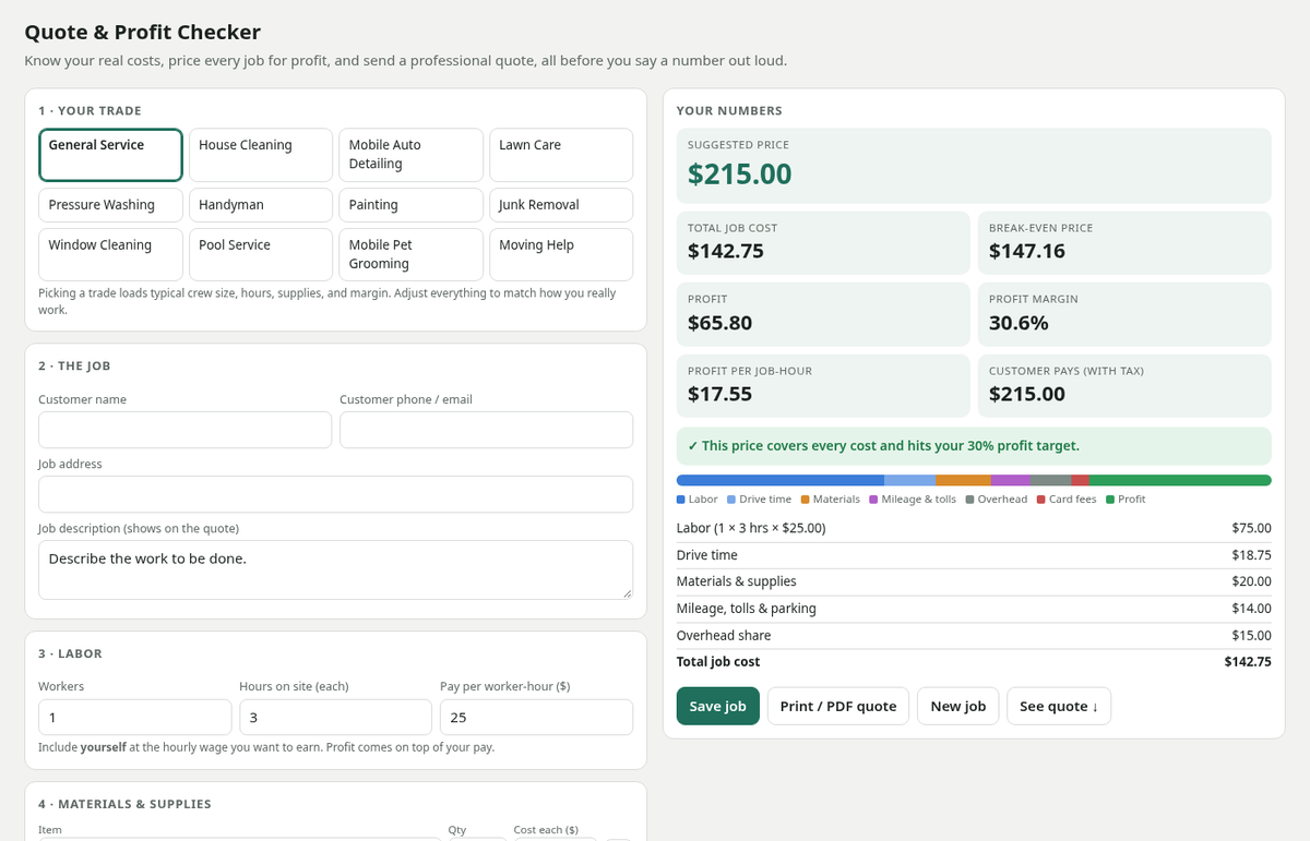 Quote & Profit Checker – Job Pricing Calculator & Quote Maker for Cleaning, Detailing, Lawn Care, Pressure Washing, Handyman & More