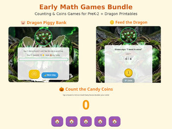 Early Math Games Bundle - Counting & Coins Games for PreK-2 + Dragon Printables