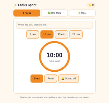 Focus Sprint - ADHD Focus Timer, One-Thing Task Helper & Movement Breaks
