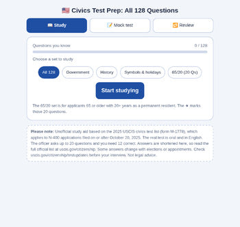 Civics Test Prep - All 128 USCIS Questions (2025 Test) Study & Mock Test