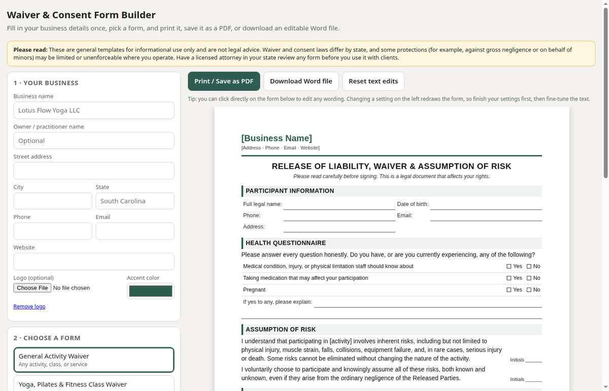 FREE Liability Waiver & Photo Release Builder – Editable, Printable, Branded with Your Logo