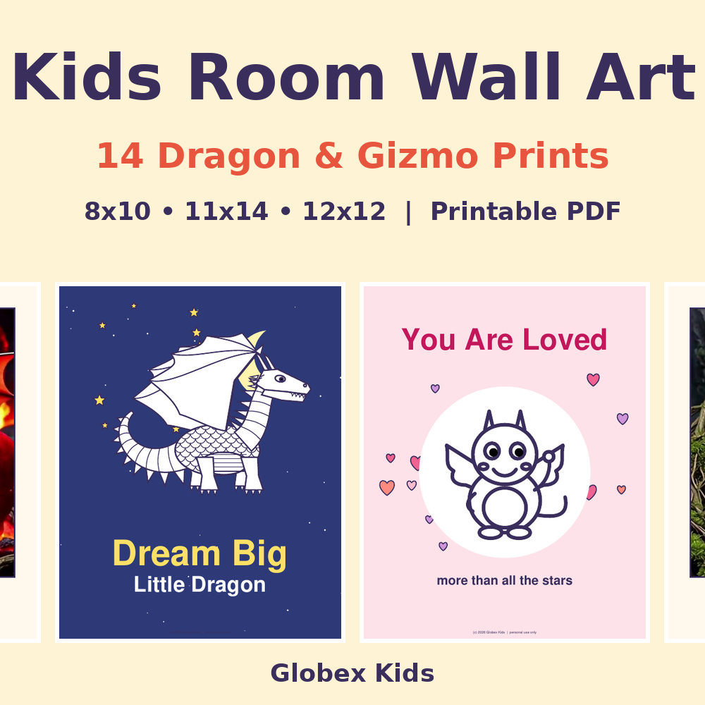 Kids Room Wall Art: 14 Printable Dragon & Gizmo Prints