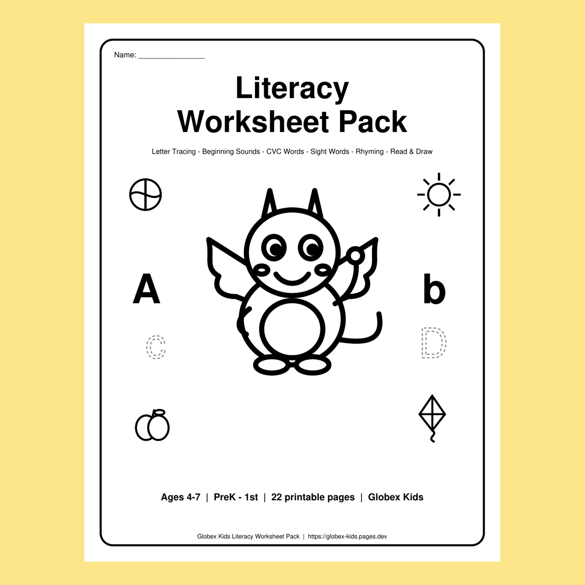 Globex Kids Literacy Worksheet Pack | Ages 4-7 | Tracing, CVC, Sight Words