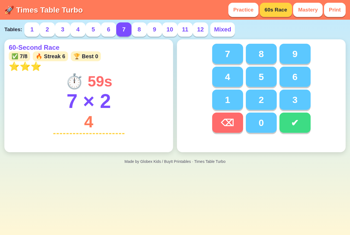 Times Table Turbo - Multiplication Facts Practice, Race & Certificates