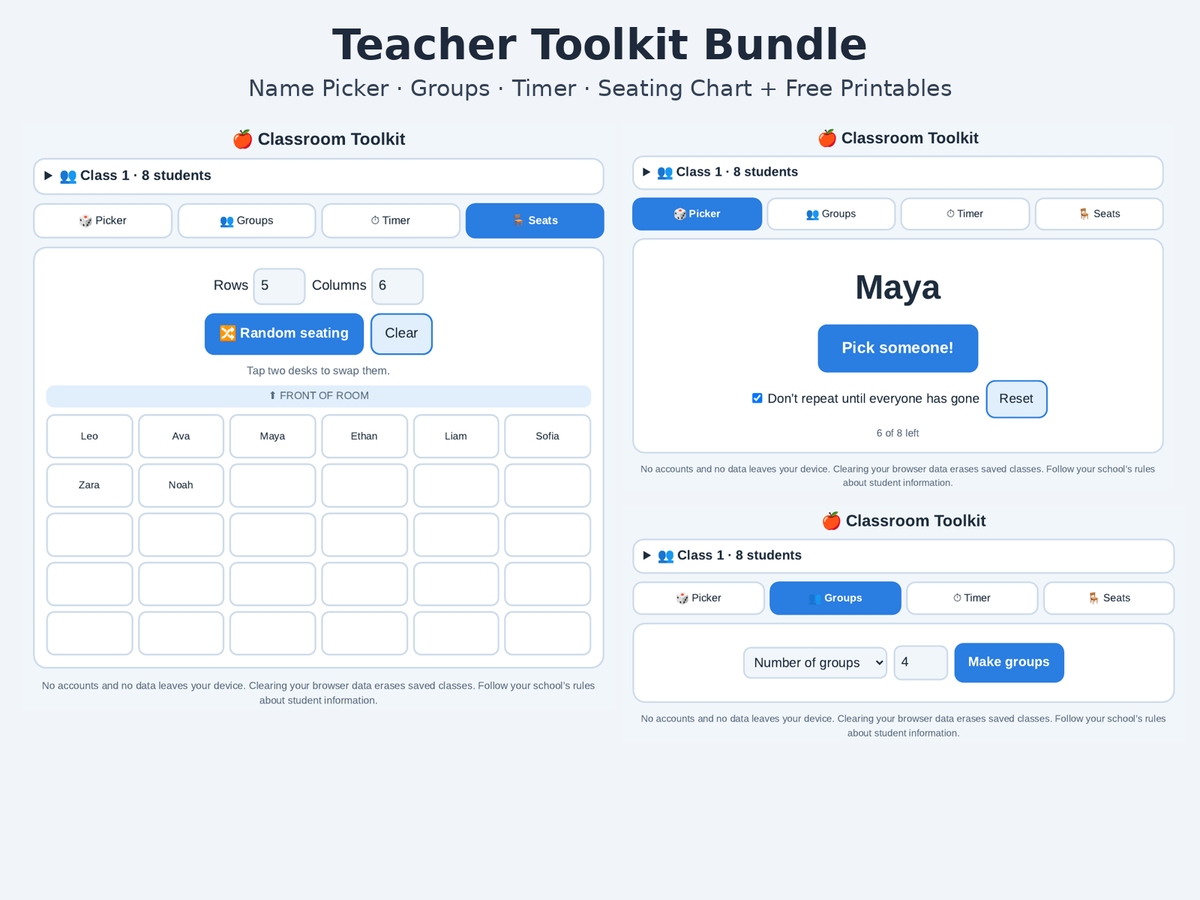 Teacher Toolkit Bundle - Name Picker, Groups, Timer & Seating Chart + Printables