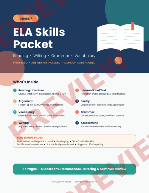 7th Grade ELA Skills Packet | Reading, Grammar, Vocabulary & Writing | Answer Key