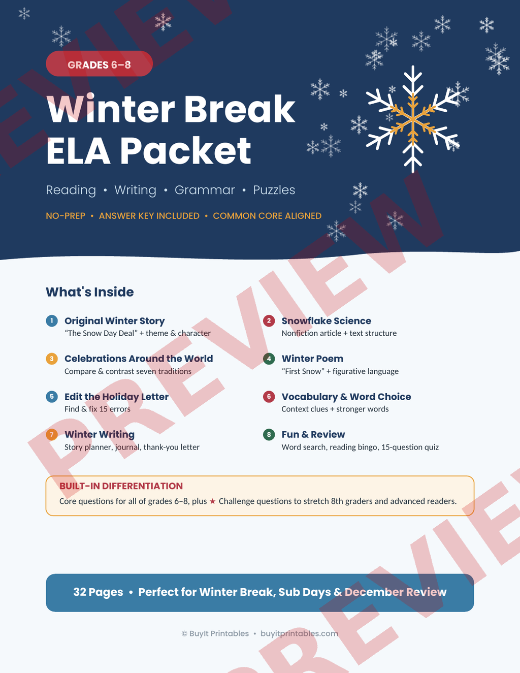 Middle School ELA Bundle | 7th Grade + 8th Grade + Winter Break Packets