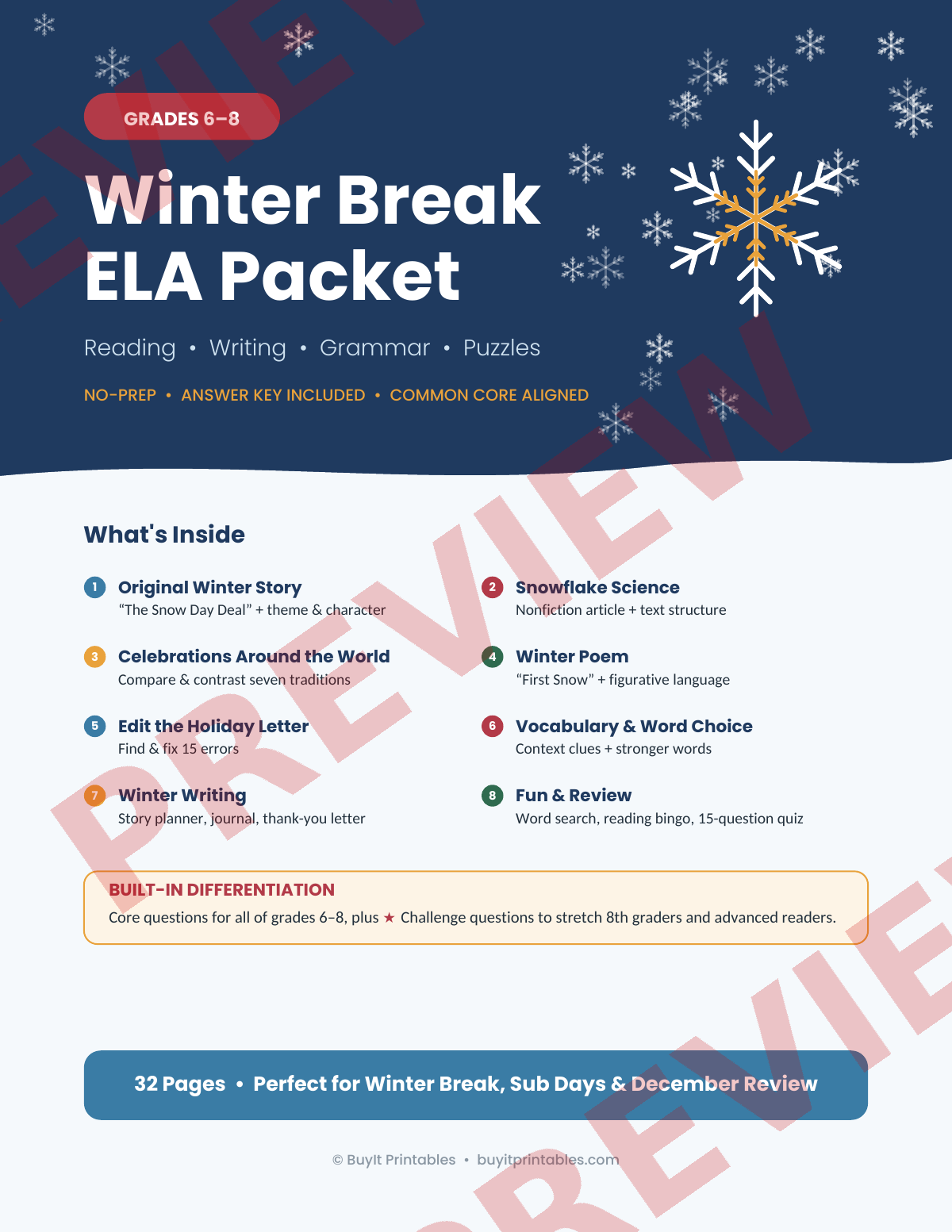 Middle School ELA Bundle | 7th Grade + 8th Grade + Winter Break Packets