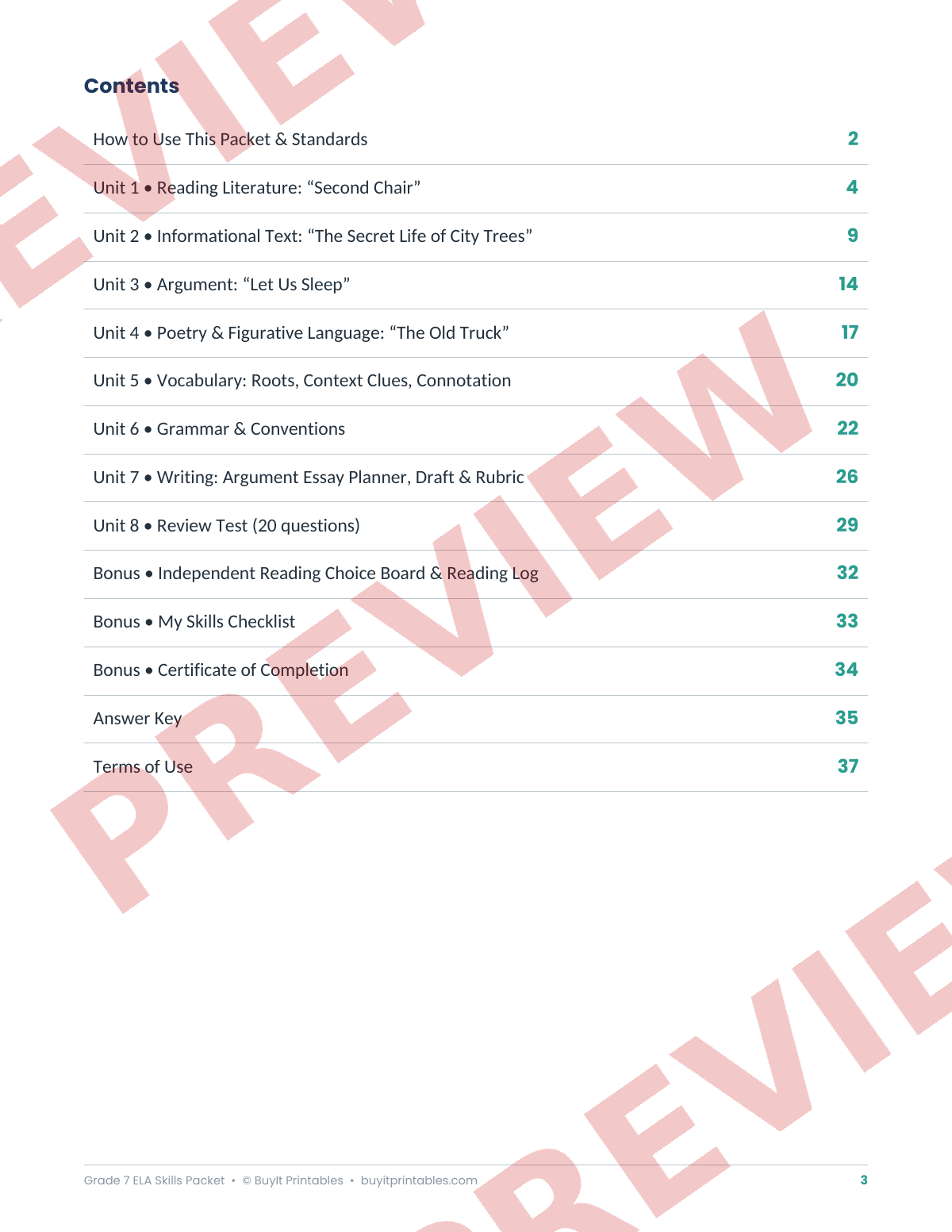 7th Grade ELA Skills Packet | Reading, Grammar, Vocabulary & Writing | Answer Key