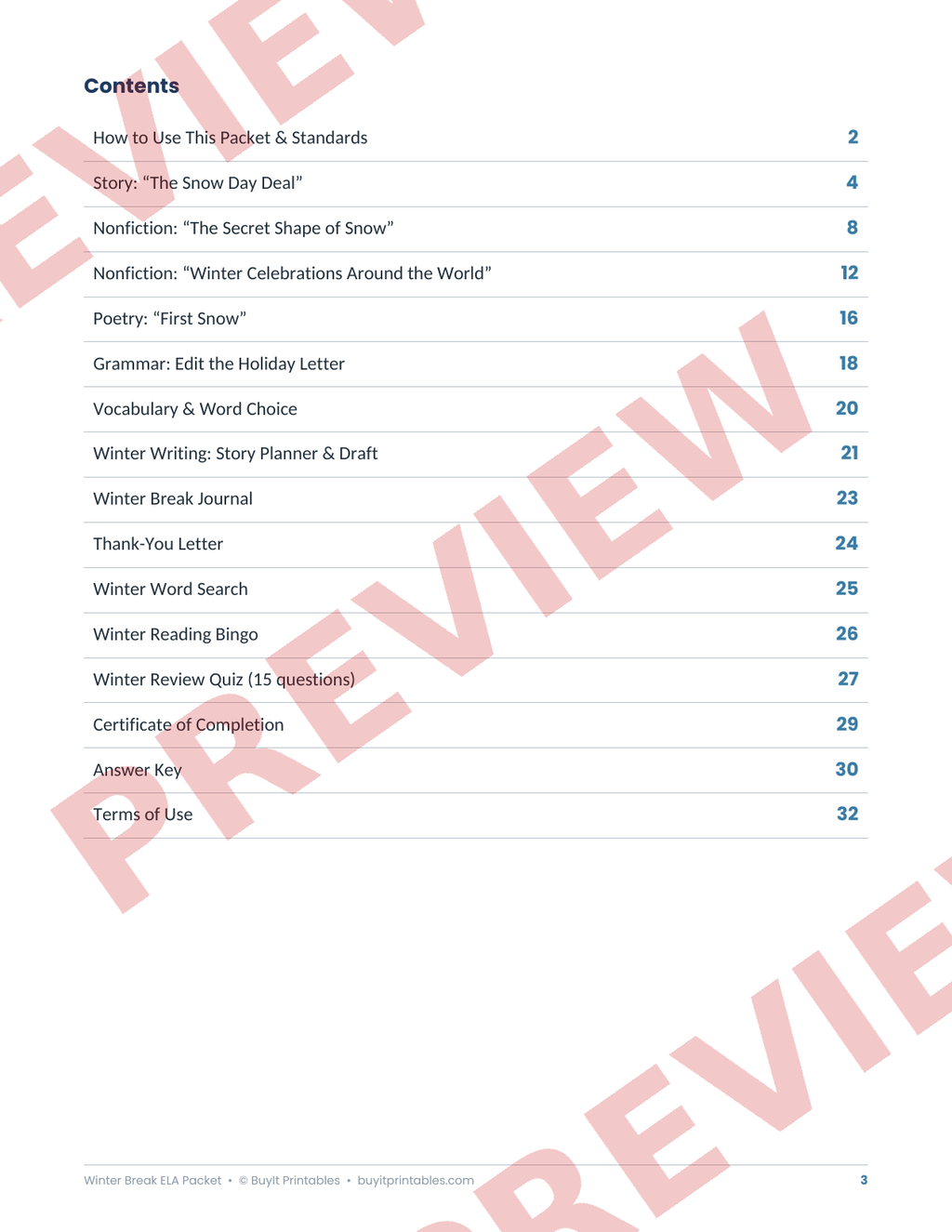 Winter Break ELA Packet Grades 6–8 | No-Prep Reading, Writing & Grammar | Answer Key