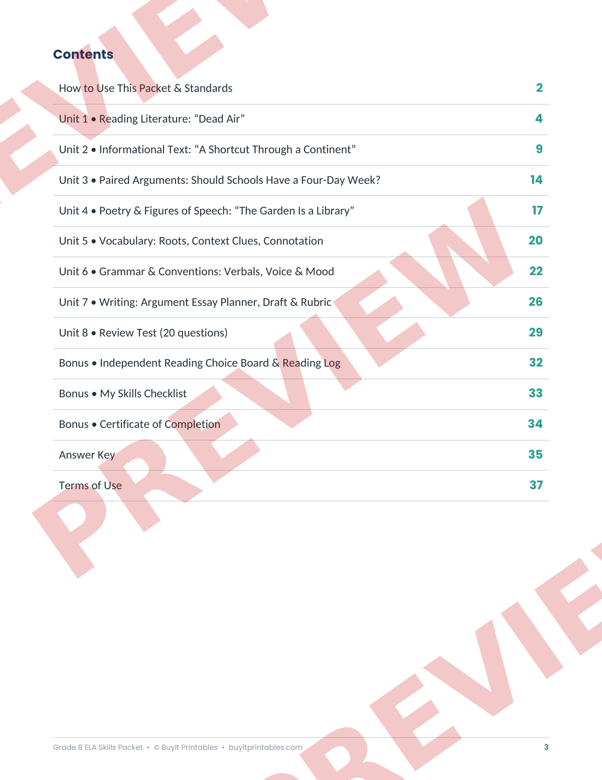 8th Grade ELA Skills Packet | Reading, Grammar, Vocabulary & Writing | Answer Key