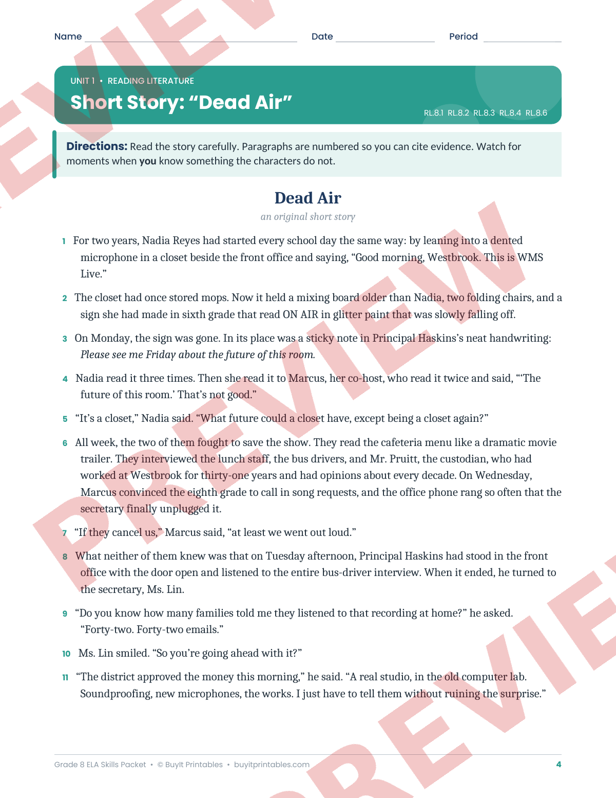 8th Grade ELA Skills Packet | Reading, Grammar, Vocabulary & Writing | Answer Key