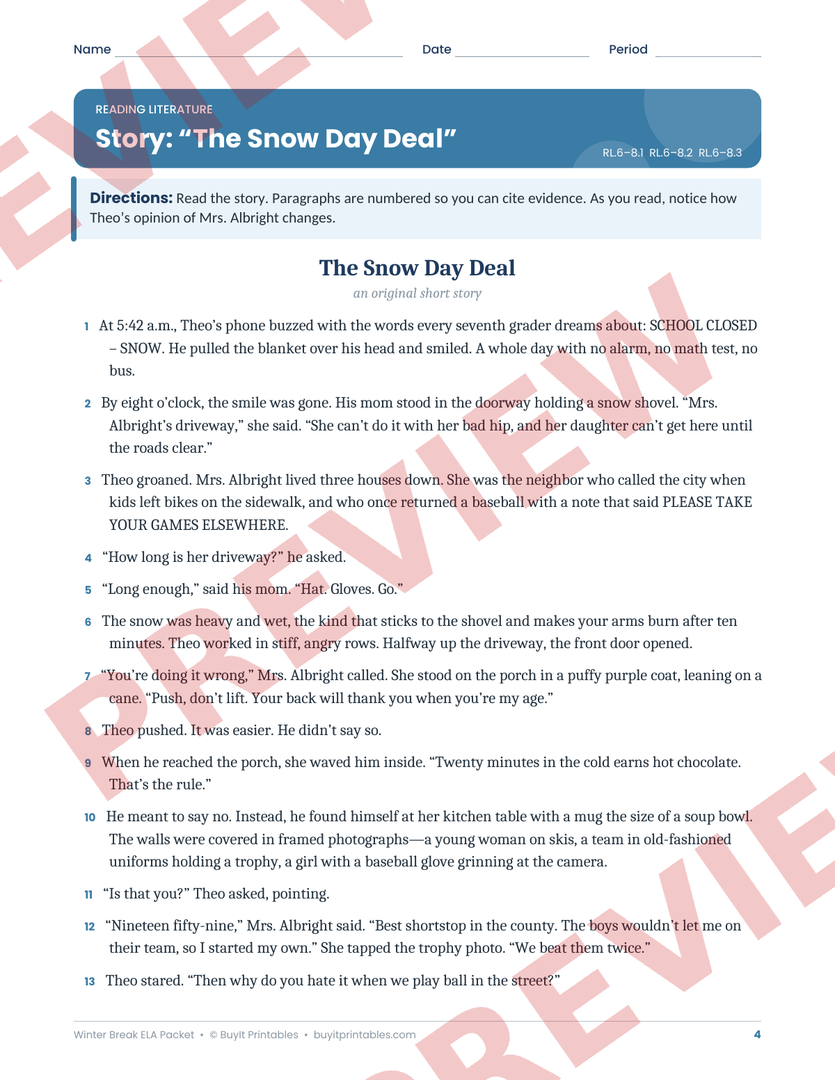 Winter Break ELA Packet Grades 6–8 | No-Prep Reading, Writing & Grammar | Answer Key