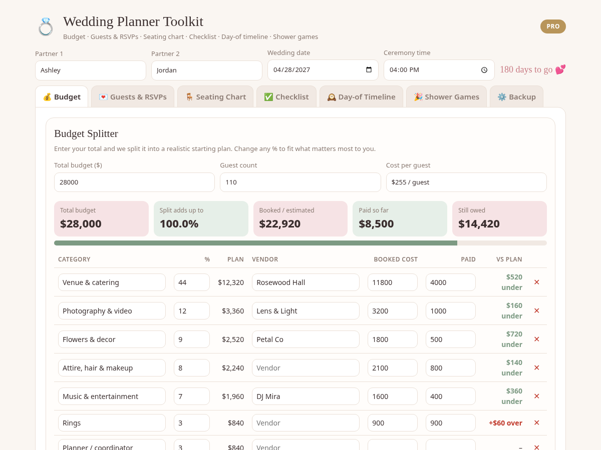 Wedding Planner Toolkit PRO – Budget, Guests, Seating & Day-of Timeline