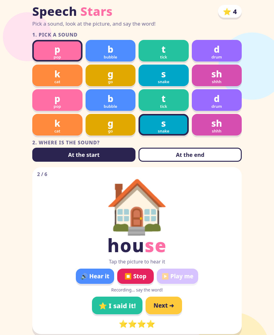 Speech Stars – Articulation Practice Game for Kids (P, B, T, D, K, G, S, SH)