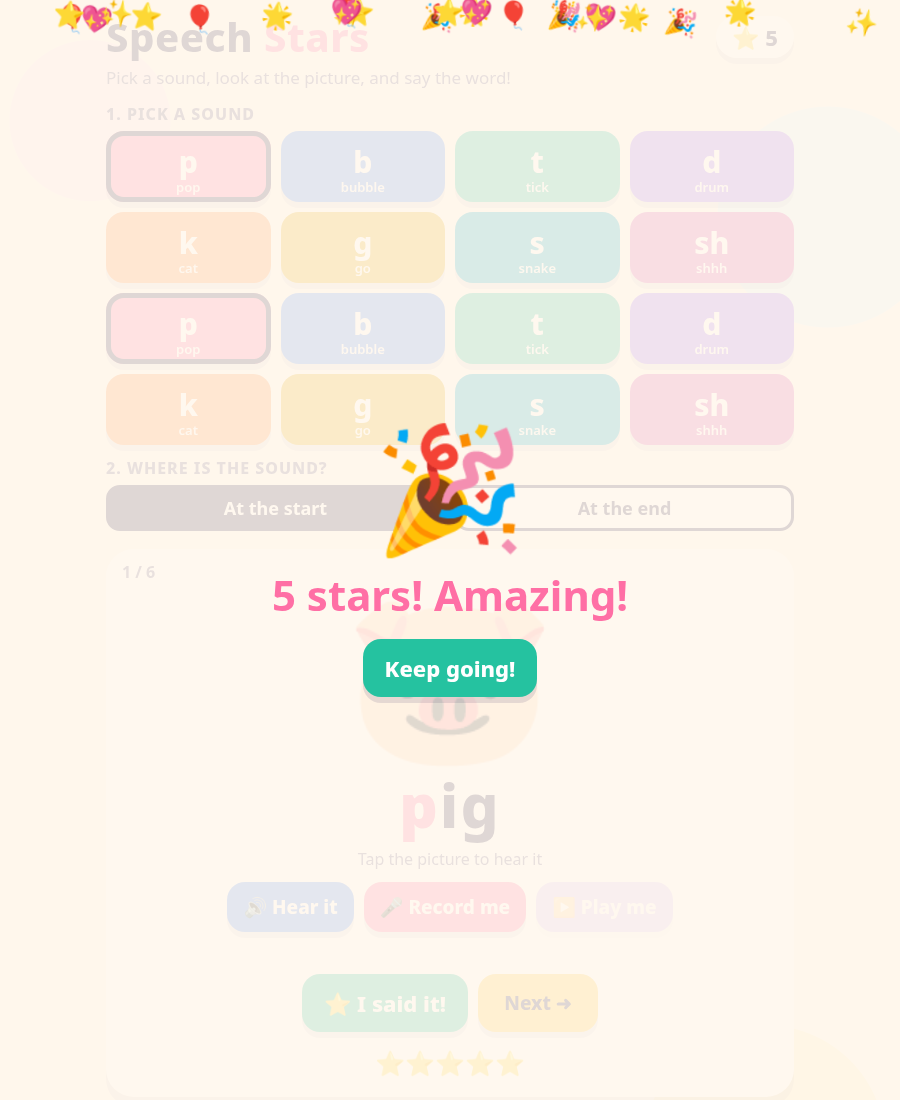 Speech Stars – Articulation Practice Game for Kids (P, B, T, D, K, G, S, SH)